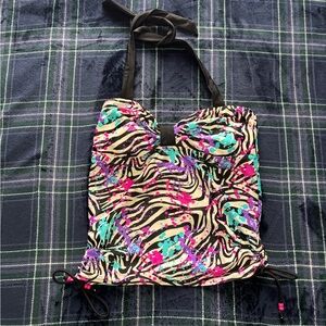 2000s Beach Scene multicoloured zebra pattern Babydoll halter neck swimsuit top